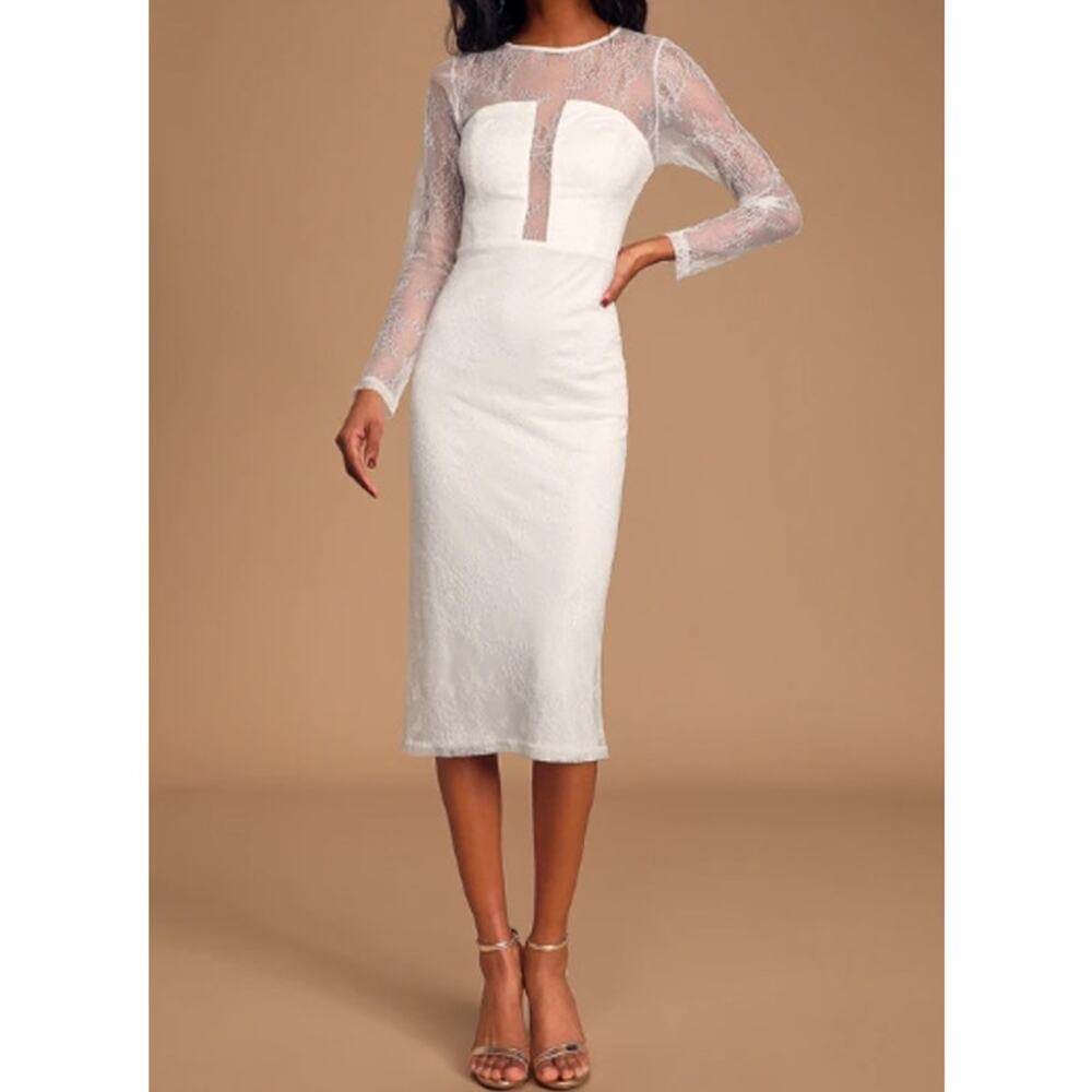 New ~ LULU'S  ~ Powerful Heart White Lace Long Sleeve Bodycon Midi Dress M